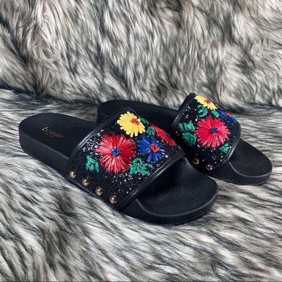 𝅺freda Floral Bright Daisy Slide Sandal Slip On Black Glitter 7 - Picture 7 of 11